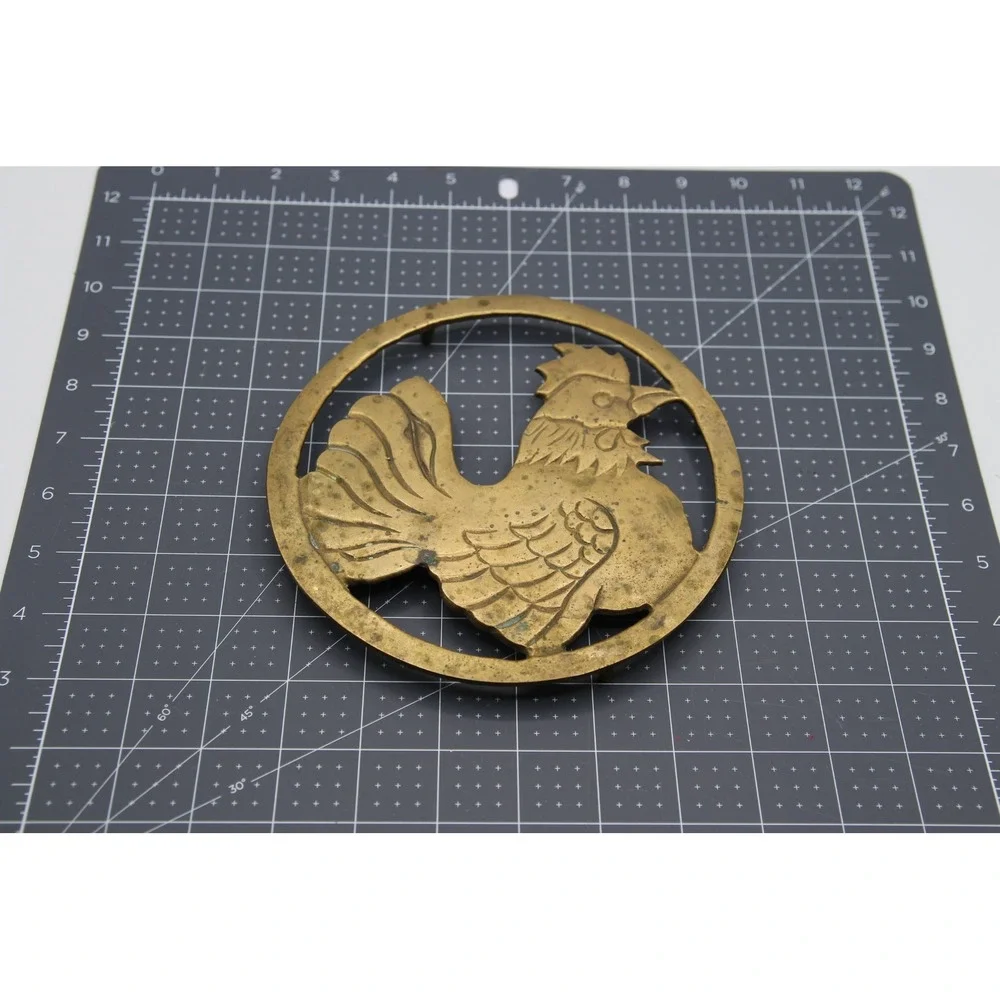 Vintage Solid Brass Rooster Trivet Round Footed Farmhouse Kitchen Decor 7.25in